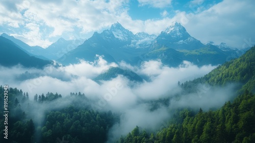 Lush green valley with vibrant wildflowers and majestic mountains under a blu...