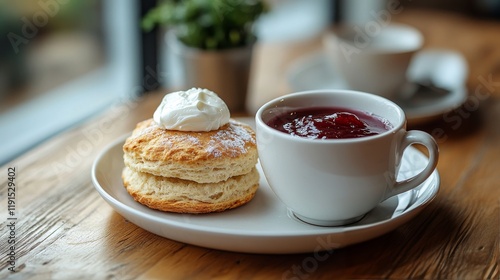 Delicious scones with jam and cream served with steaming cup of tea in cozy m...