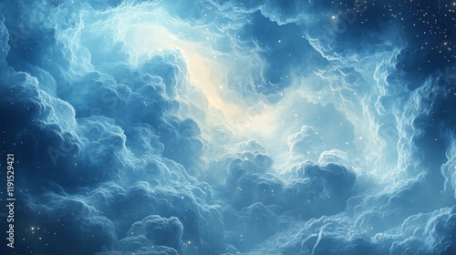 Swirling clouds and glowing light create a cosmic spiral in the night sky