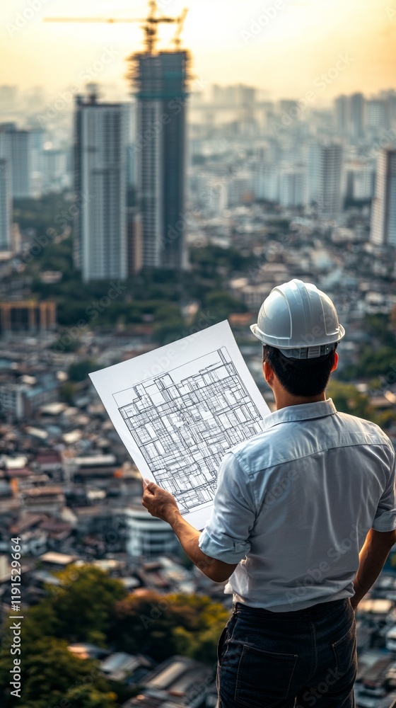 Urban Planning Vision Engineer Analyzing City Blueprint at Sunset Urban Planning Vision Engineer Analyzing City Blueprint at Sunset