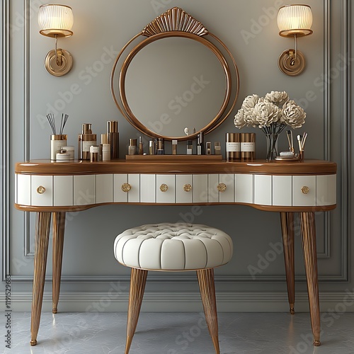 Luxurious dressing table featuring detailed carvings and lighting picture photo