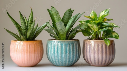 Indoor plants in colorful ceramic pots arranged neatly on a light background