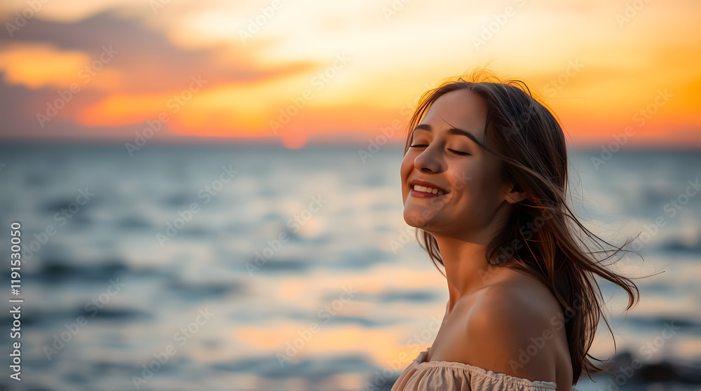 Great pleasure. Charming calm young woman is standing near sea with closed eyes and expressing delight. She is posing against wonderful sunset while enjoying last rays of the sun Great pleasure. Charming calm young woman is standing near sea with closed eyes and expressing delight. She is posing against wonderful sunset while enjoying last rays of the sun
