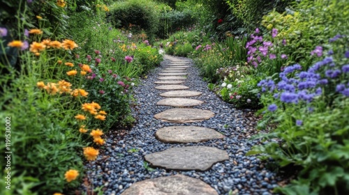 Beautiful stone pathway through a vibrant garden filled with colorful flowers...