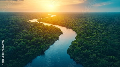 Sunset over a tranquil river with lush vegetation and vibrant sky