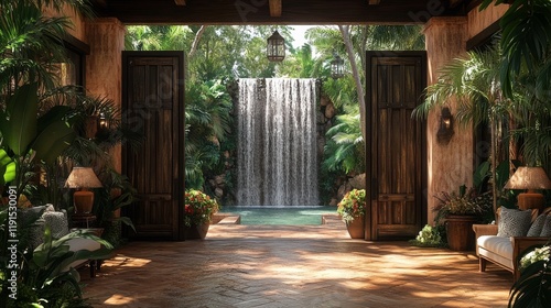 Serene entrance revealing a tranquil waterfall and lush greenery in a tropica...
