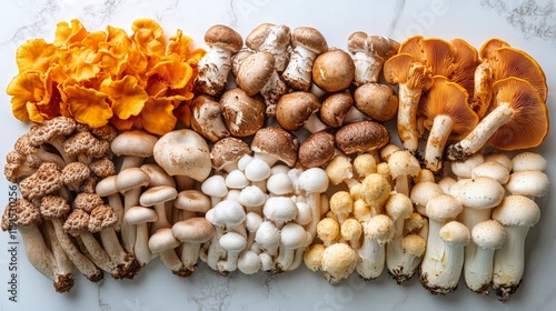Colorful assortment of fresh mushrooms displayed on a kitchen counter with herbs