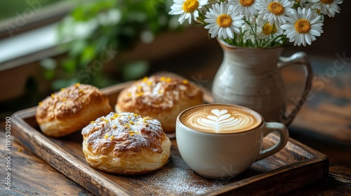 Enjoying freshly baked pastries and coffee in a cozy cafe setting on a beauti...