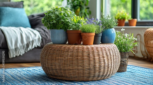 Decorative indoor plants arranged stylishly on a woven coffee table in a brig...