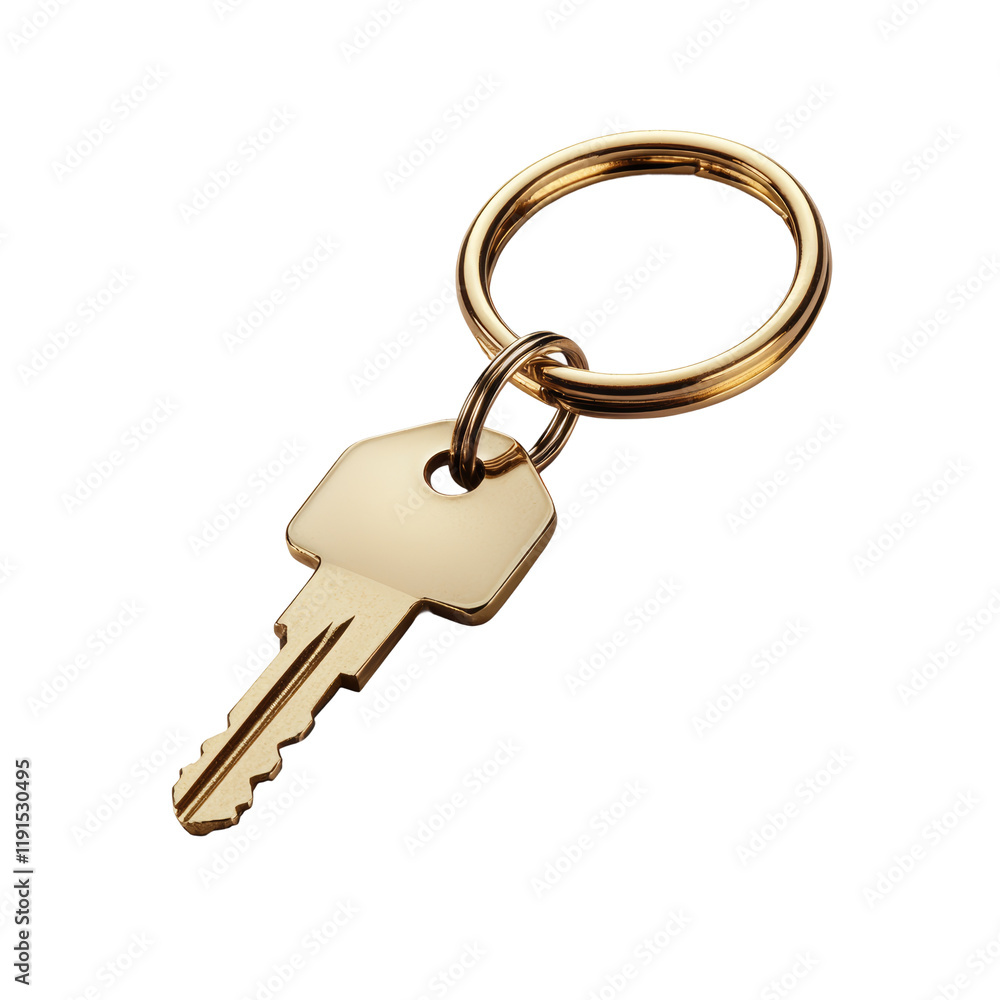 Golden Key on Ring with Reflection and Shadows Isolated on transparent background Golden Key on Ring with Reflection and Shadows Isolated on transparent background