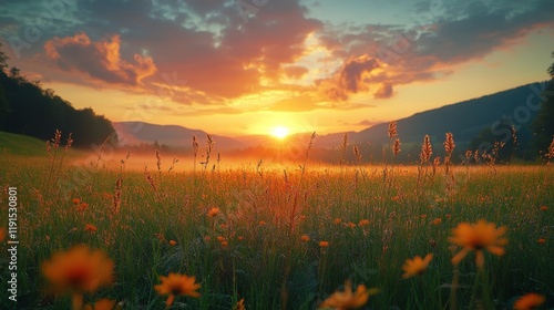 Sun sets over golden grasslands illuminating the landscape with warm hues in ...