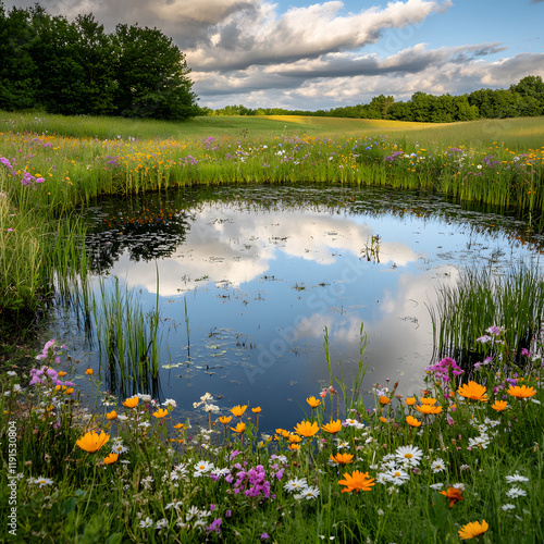 Serene pond reflecting a cloudy sky, surrounded by vibrant wildflowers in a lush meadow.