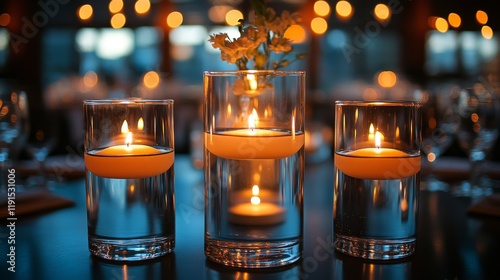 Elegant table setting with candles and flowers for a romantic evening dinner