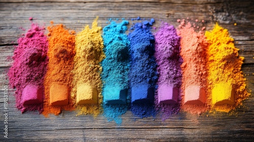 Colorful powders spread on wooden surface for artistic creation or festival c...