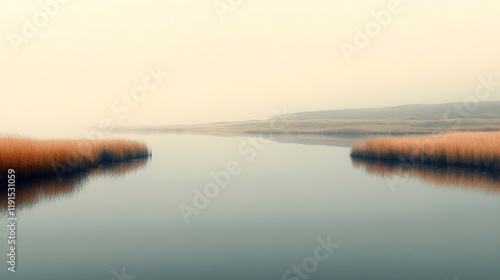 Serene landscape with foggy river and tall grasses in early morning light