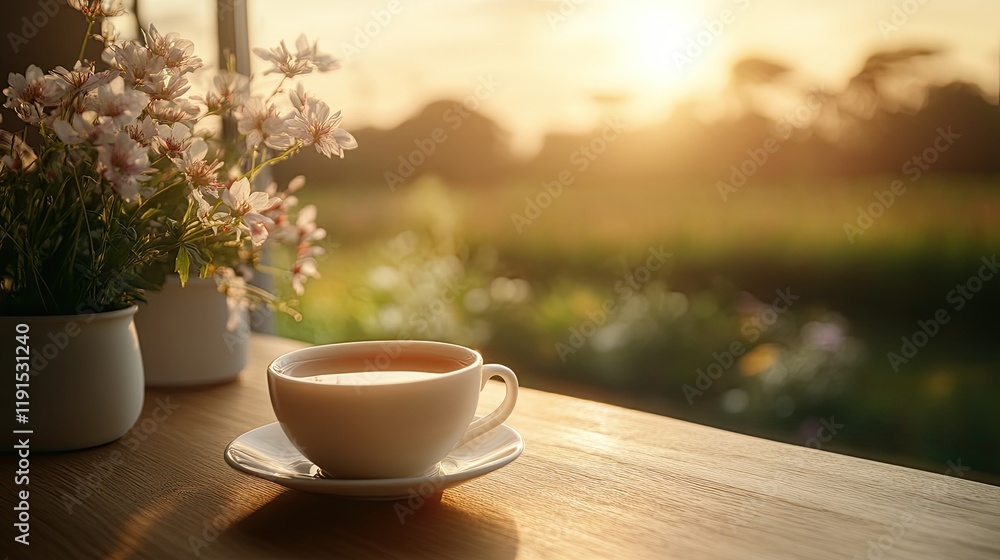 Serene Sunrise Tea With Blossoms Beside Window Serene Sunrise Tea With Blossoms Beside Window