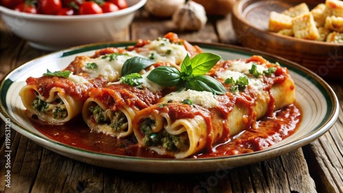 Manicotti. Stuffed cannelloni pasta with tomato sauce and melted cheese.