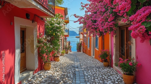 Charming cobblestone path lined with blooming flowers in a colorful neighborhood