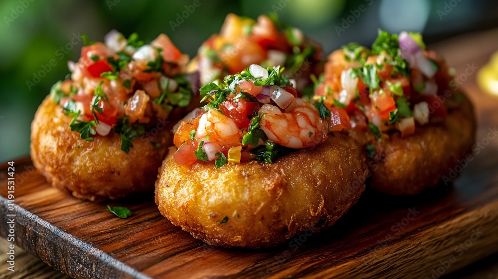 Gourmet Stuffed Potato with Shrimp, Fresh Salsa, Creamy Sauce, and Herbs on Wooden Board, Capturing a Delicious and Vibrant Presentation of Creative Culinary Art in Close-Up Gourmet Stuffed Potato with Shrimp, Fresh Salsa, Creamy Sauce, and Herbs on Wooden Board, Capturing a Delicious and Vibrant Presentation of Creative Culinary Art in Close-Up