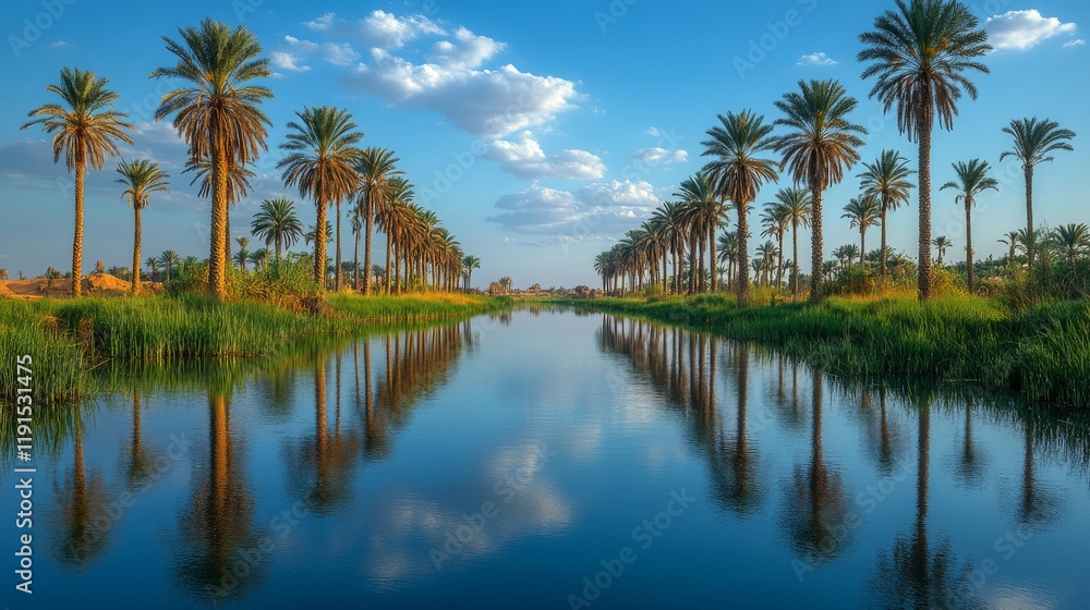 Tranquil lake surrounded by palm trees and mountains under a sunny sky Tranquil lake surrounded by palm trees and mountains under a sunny sky