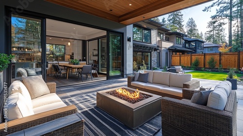Stylish outdoor seating area with modern furniture by a serene pool surrounde...