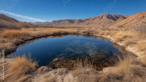 Natural oasis surrounded by mountains and desert landscape under a blue sky
