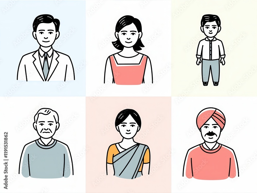 Simple Line Art Portraits Of A Diverse Family Group Simple Line Art Portraits Of A Diverse Family Group