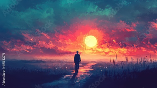 Solitary Figure Walking Towards a Vibrant Sunset Landscape