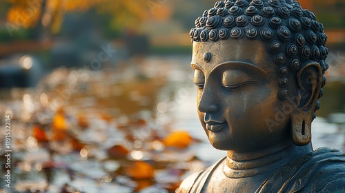 Buddha statue in serene setting during sunset, capturing tranquility and refl...