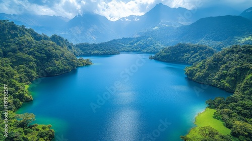 Serene lake surrounded by mountains and lush greenery under a clear blue sky