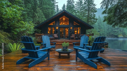 Cozy cabin retreat offering tranquil vibes in a lush forest setting during ev...