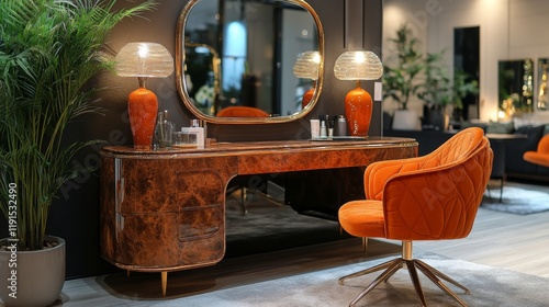Elegant vanity setup with illuminated mirror in a stylish bathroom during eve...