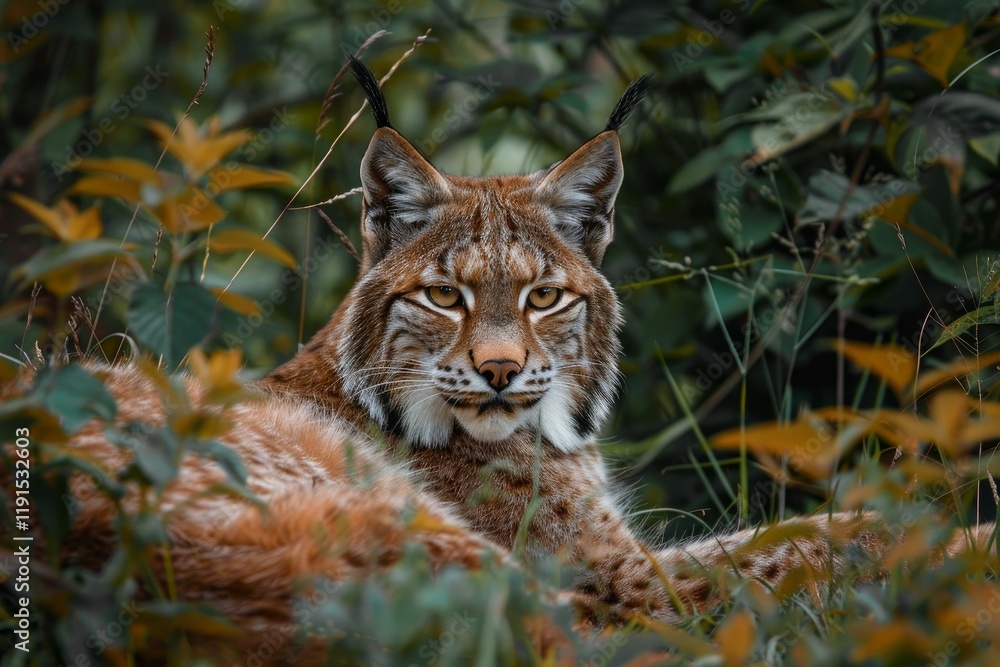 Obraz premium Eurasian lynx lying in the undergrowth, displaying its characteristic tufted ears and intense gaze
