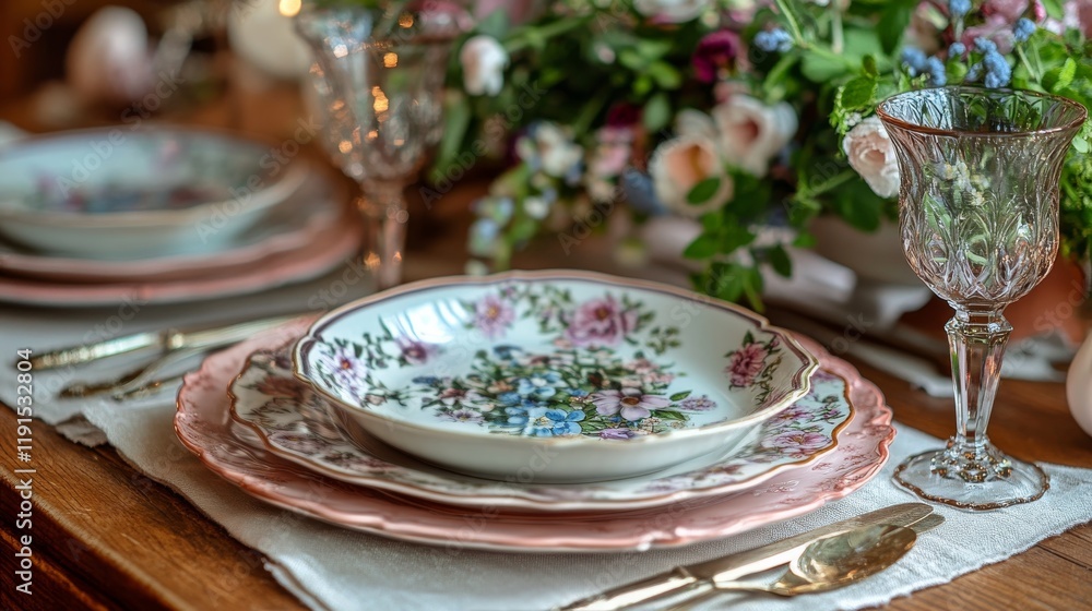 Naklejka premium Decorative table setting with flowers and dinnerware in a garden during a sunny afternoon