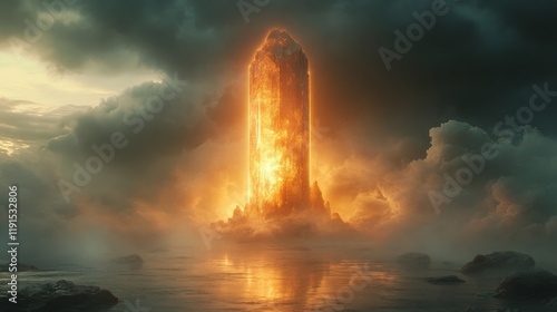 Majestic glowing crystal tower rises amidst clouds during sunset