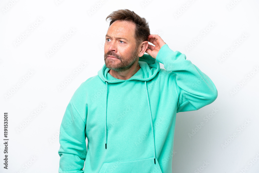 Middle age caucasian man isolated on white background having doubts Middle age caucasian man isolated on white background having doubts