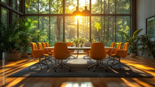 Bright conference room with orange chairs and large windows showcasing a sunn...
