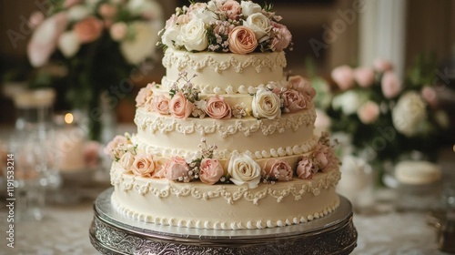 Elegant three-tier wedding cake decorated with fresh roses and blooms at a be...