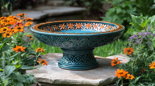 Beautiful birdbath surrounded by vibrant flowers in a lush garden during sunn...