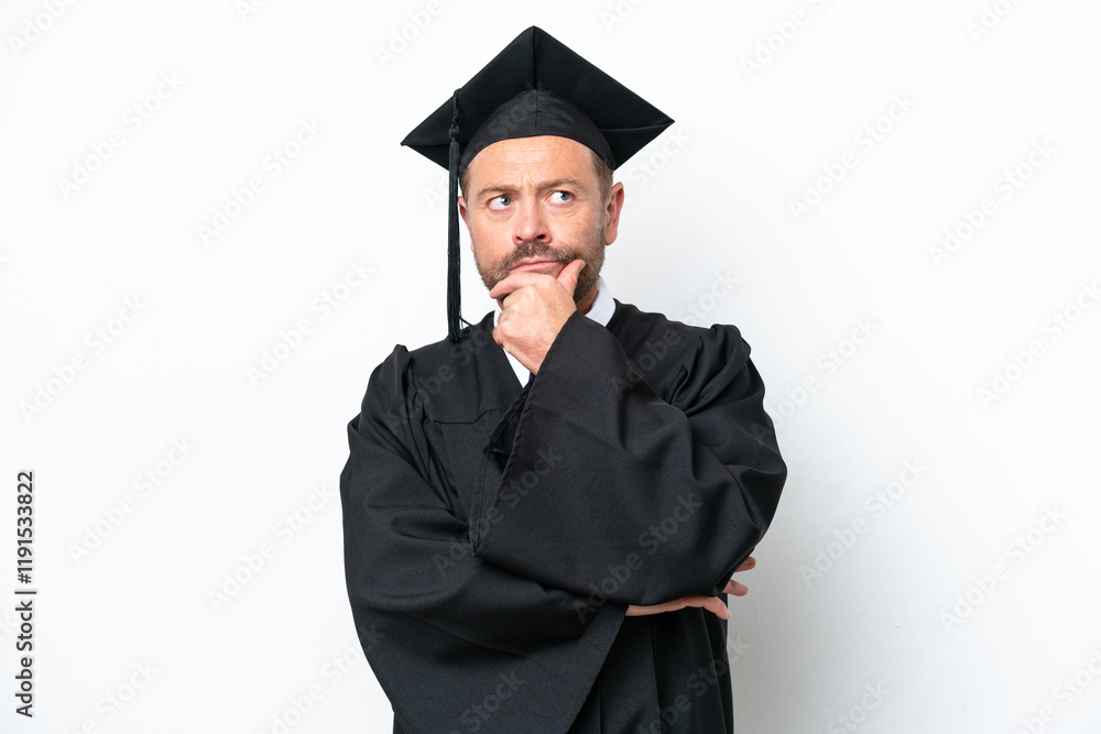 Middle age university graduate man isolated on white background having doubts and with confuse face expression Middle age university graduate man isolated on white background having doubts and with confuse face expression