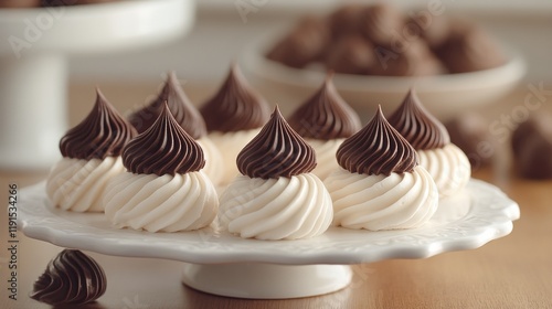 Delicious chocolate and vanilla meringue cookies arranged neatly on a baking ...