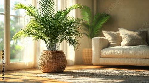 Bright indoor living space with a lush potted plant creating a peaceful aesth...