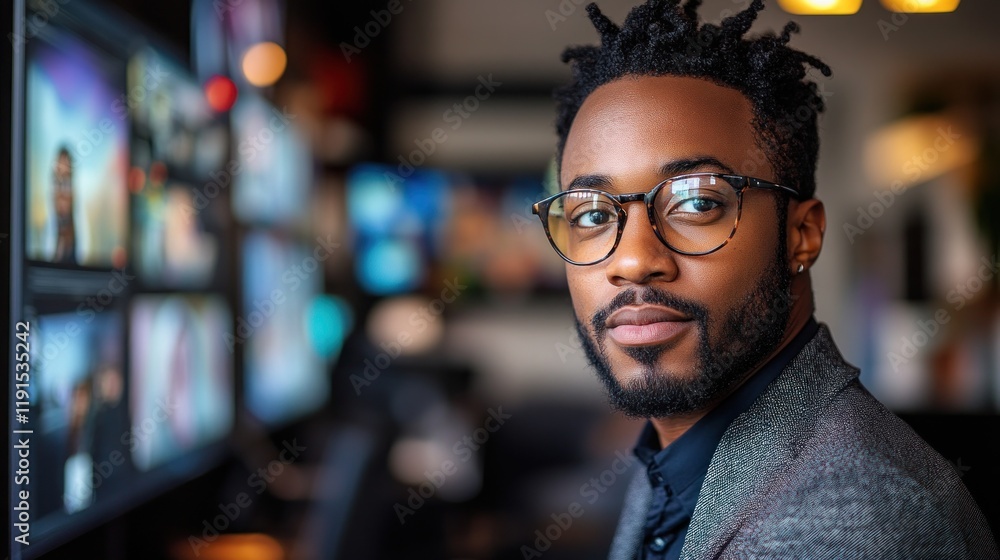 Confident young Black man in glasses sits before multiple computer screens. Confident young Black man in glasses sits before multiple computer screens.
