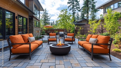 Stylish outdoor seating area with modern furniture by a serene pool surrounde...