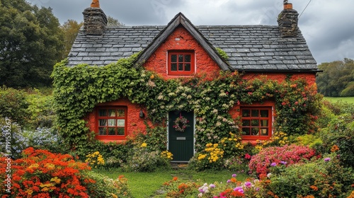 Charming cottage surrounded by vibrant flowers in a serene garden setting on ...