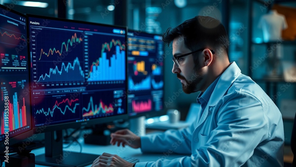 © FrameFinesse - Data analysis science and big data with AI technology Analyst or Scientist uses a computer and dashb © FrameFinesse - Data analysis science and big data with AI technology Analyst or Scientist uses a computer and dashb