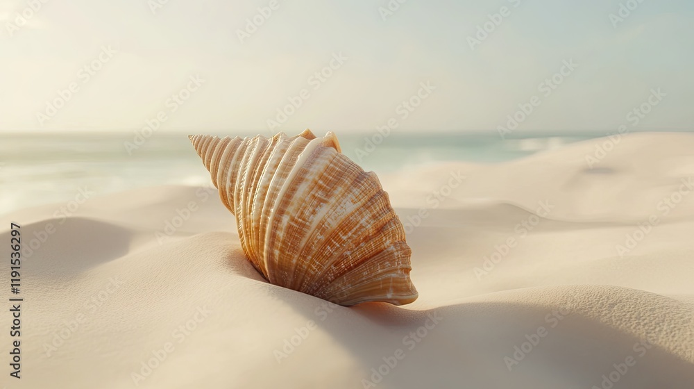 Seashell rests on soft beach sand near ocean Seashell rests on soft beach sand near ocean