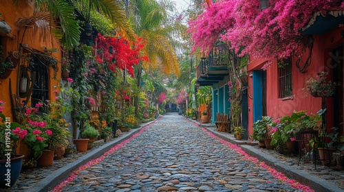 Charming cobblestone path lined with blooming flowers in a colorful neighborhood