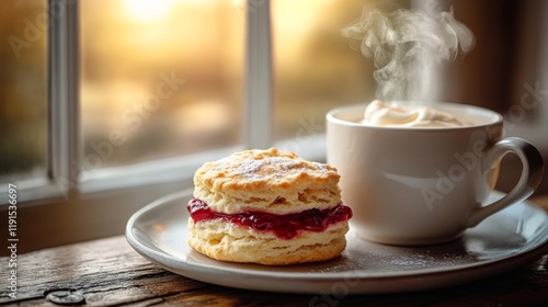 Delicious scones with jam and cream served with steaming cup of tea in cozy m...