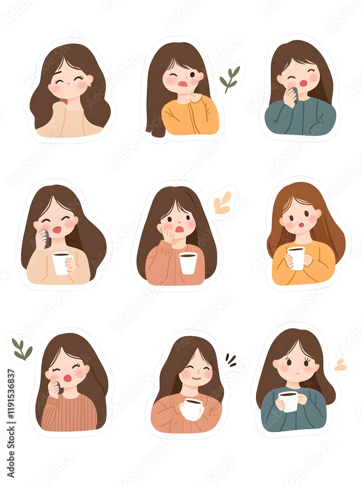 Nine adorable illustrations of a girl expressing different emotions while enjoying a warm drink. Nine adorable illustrations of a girl expressing different emotions while enjoying a warm drink.